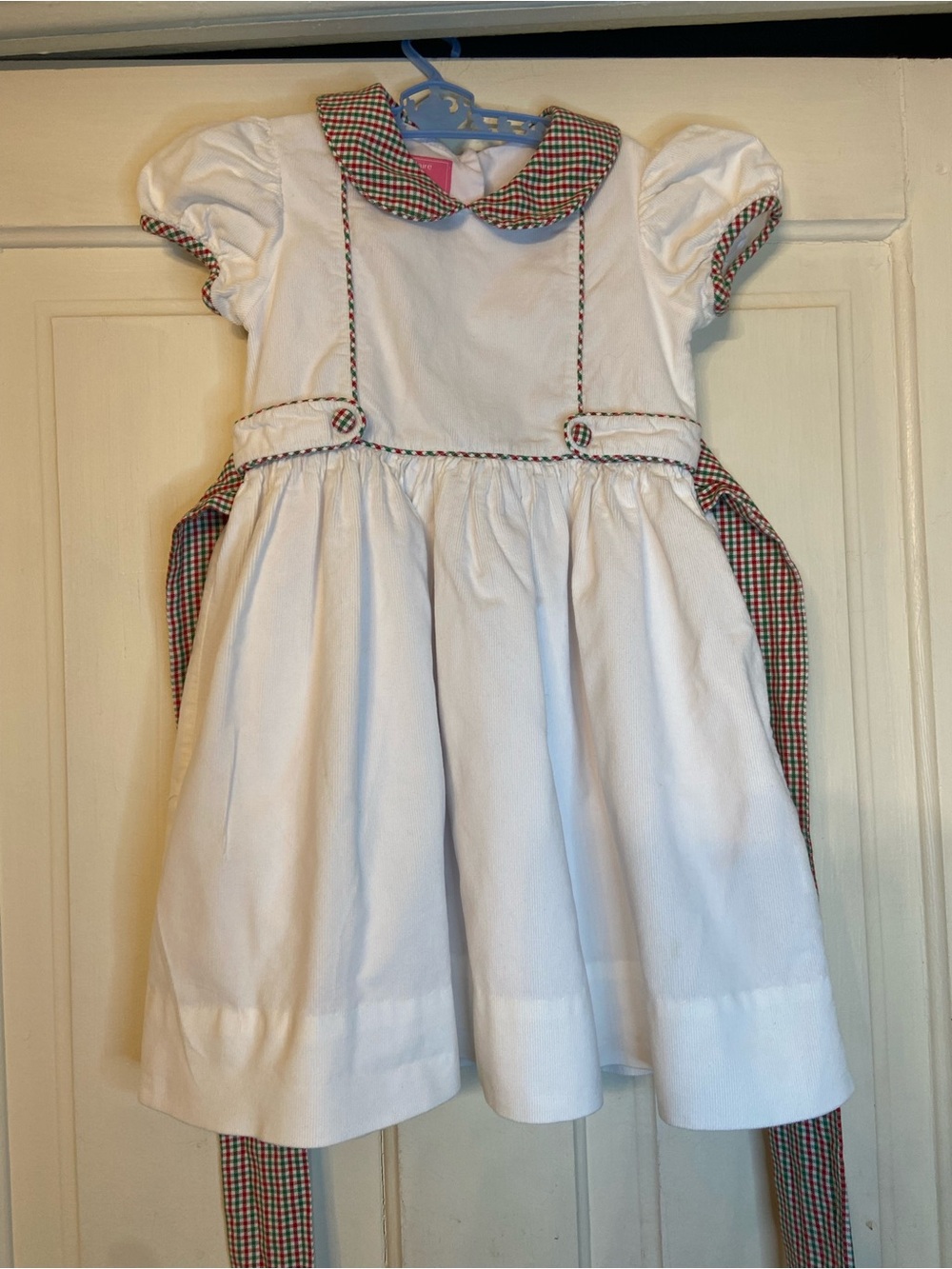 Claire & Charlie White Corduroy Dress with Red & Green Gingham